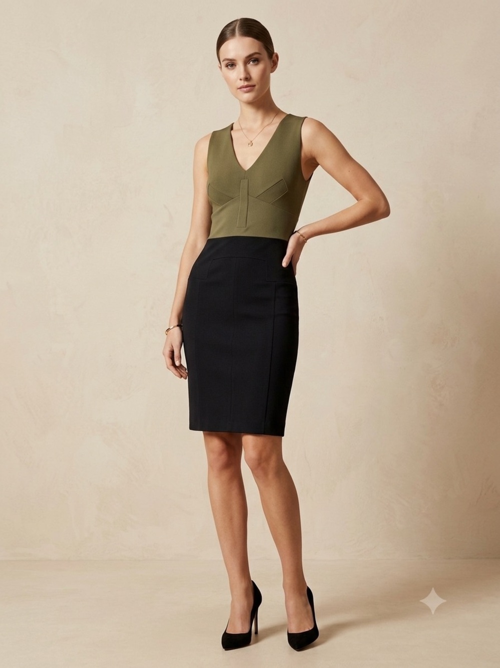 Karen Millen Size 8 Olive Black Tailored Pencil Dress Like New Colorblock Sheath